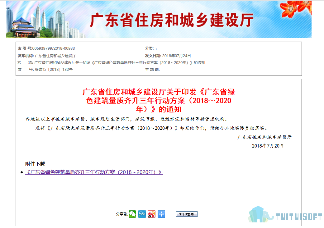 腿腿教学网-BIM政策风向标——广东省-《关于印发<广东省绿色建筑量质齐升三年行动方案（2018～2020年）>的通知》