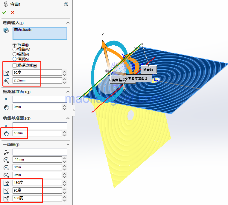 e7b7adeb67bdee753f73ee29fe48021d.png 腿腿教学网-solidworks建模教程:solidworks如何弯曲曲面及设置三重轴位置?