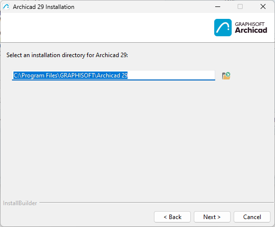 Archicad 29 安装目录选择界面